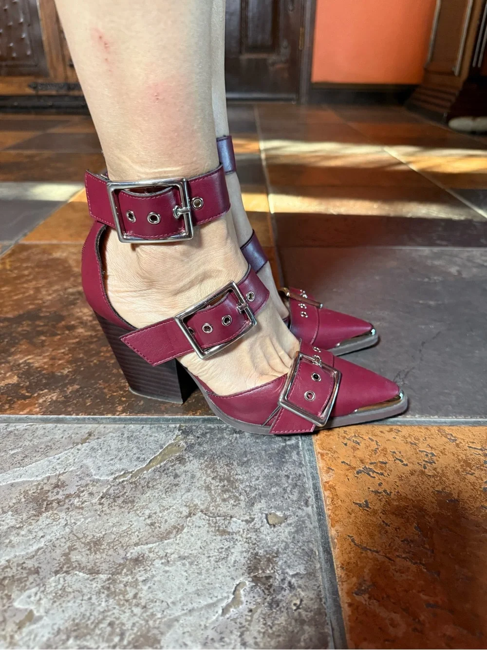 Women's Burgundy Pointed-Toe Buckle Heels